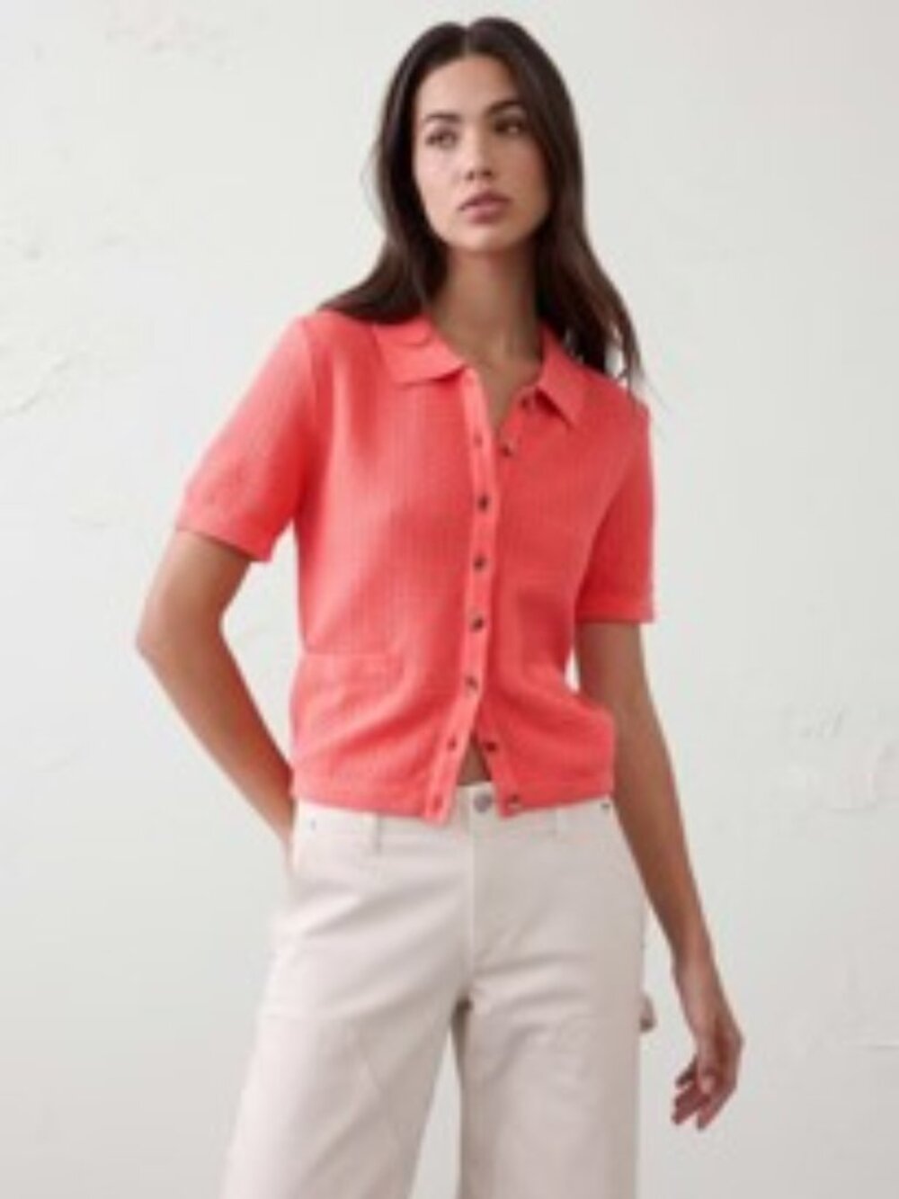 NWT Banana Republic Factory Short Sleeve Polo Cardigan, Color:  Mango, Size:  M